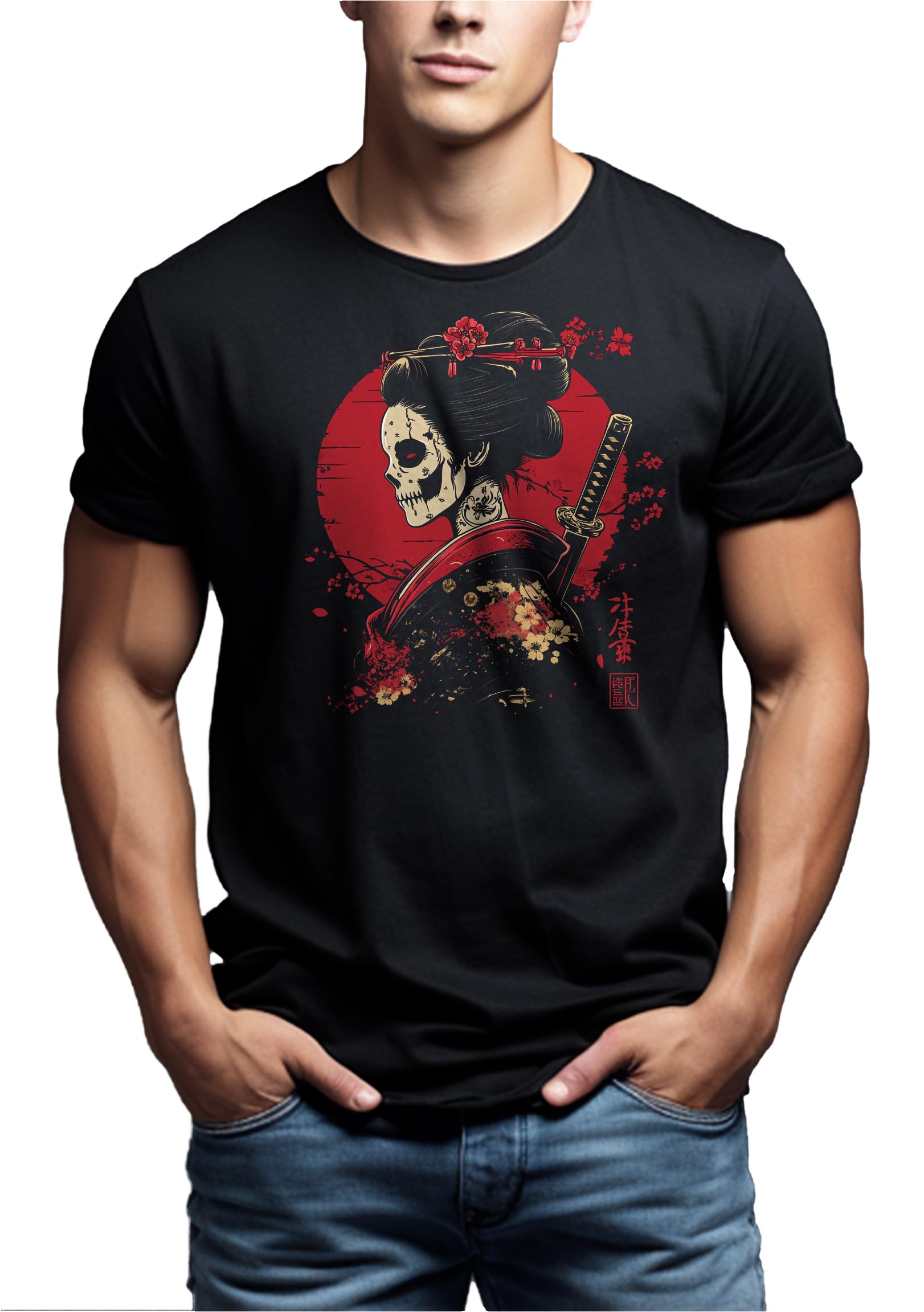 MAKAYA T-Shirt Uomo Kanji Samurai Guerriero maglietta XXL cotone