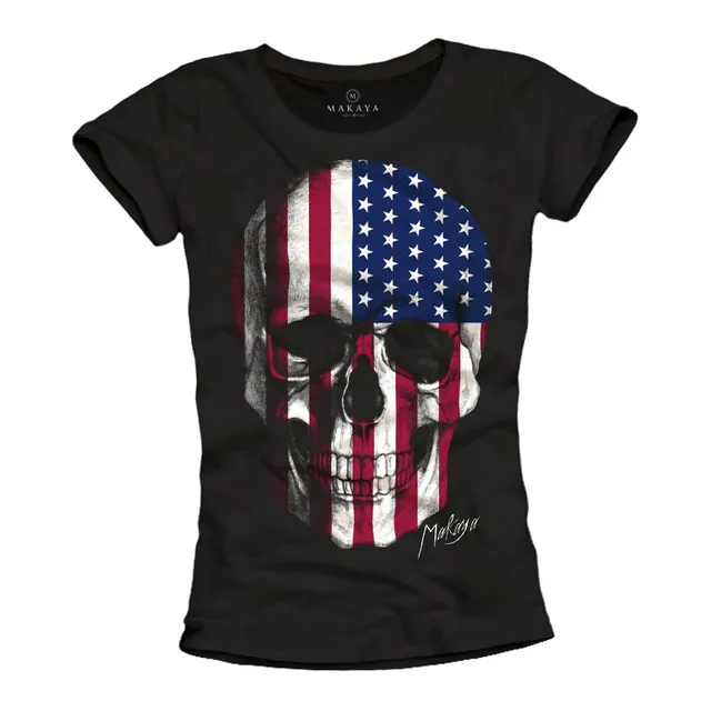 MAKAYA Skull T-Shirt Donna Bandiera USA S Cotone