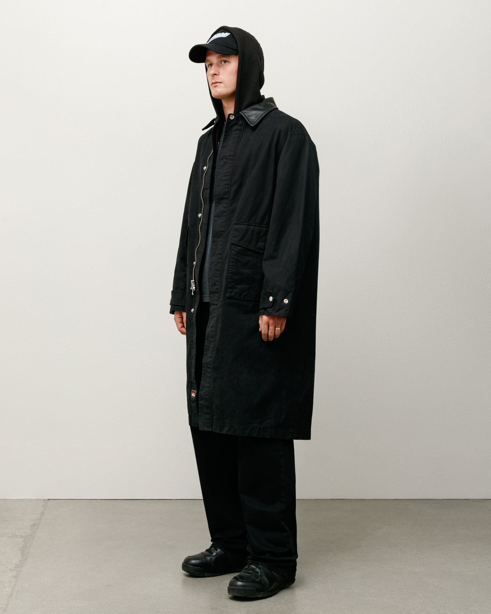 Stussy Duster Coat spolverino nero tela cotone YKK
