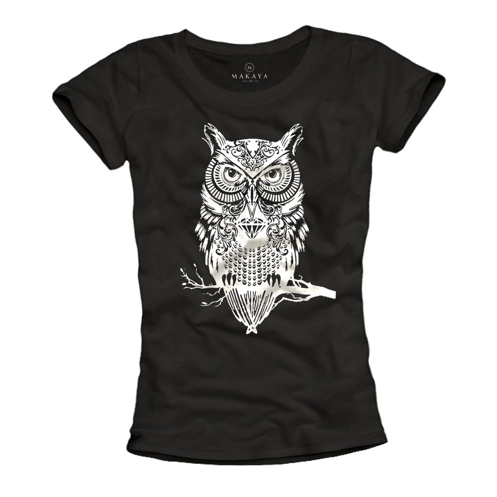 MAKAYA T-Shirt Donna Gufo Maglietta Cotone Bianca S