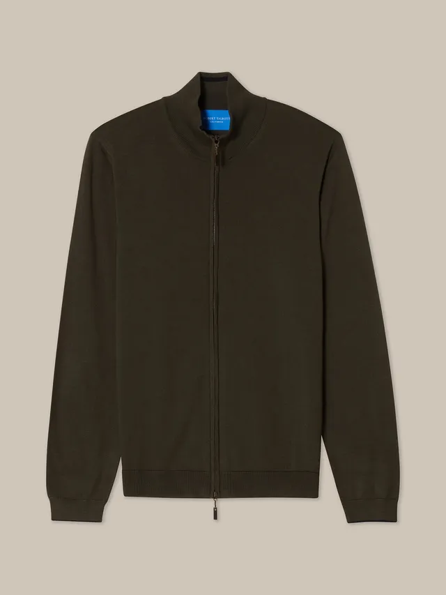 Robert Talbott Dalton Full Zip maglione merino verde oliva XL