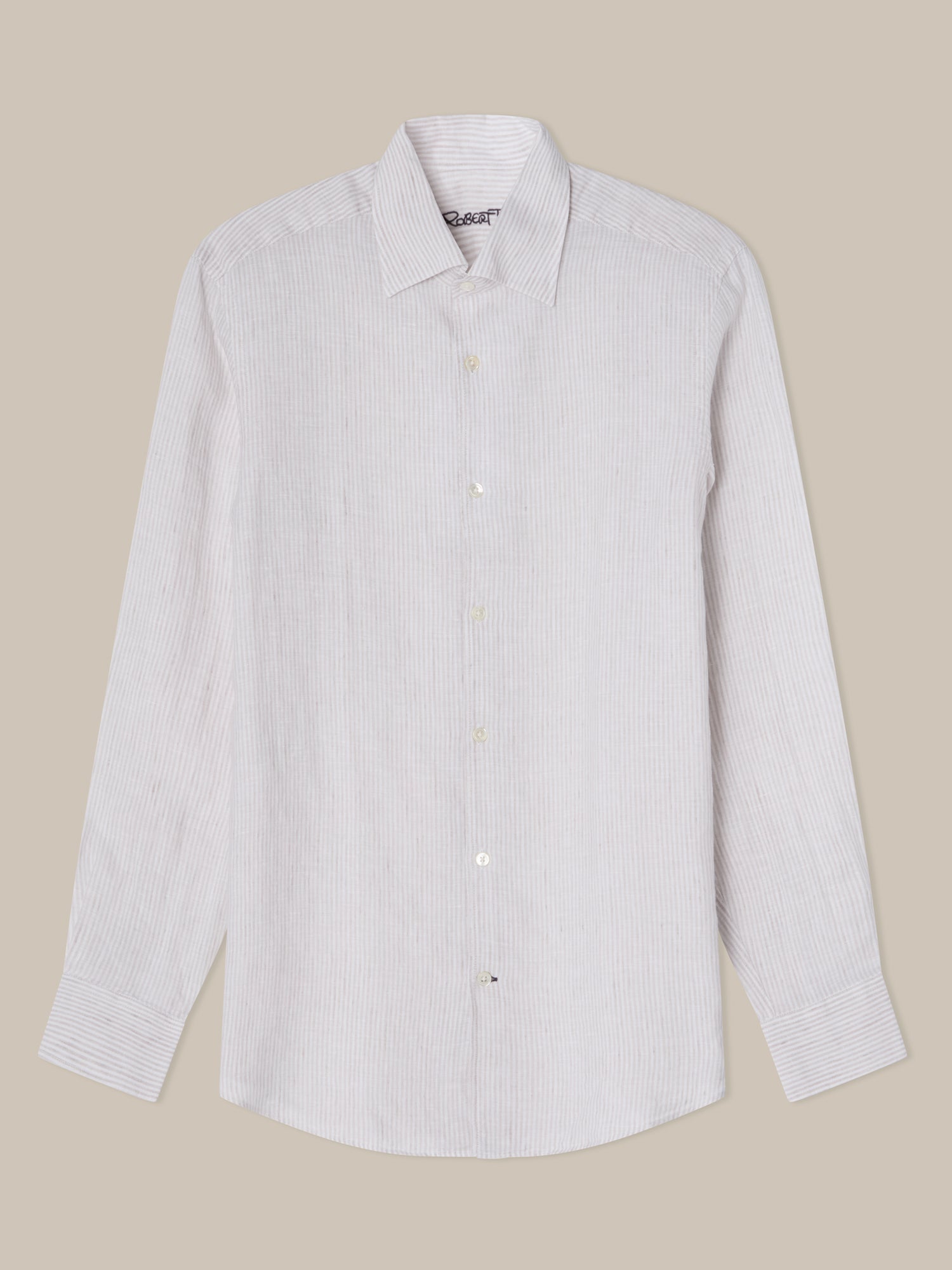 Robert Talbott Morgan Medium Stripe camicia lino grigia riga media