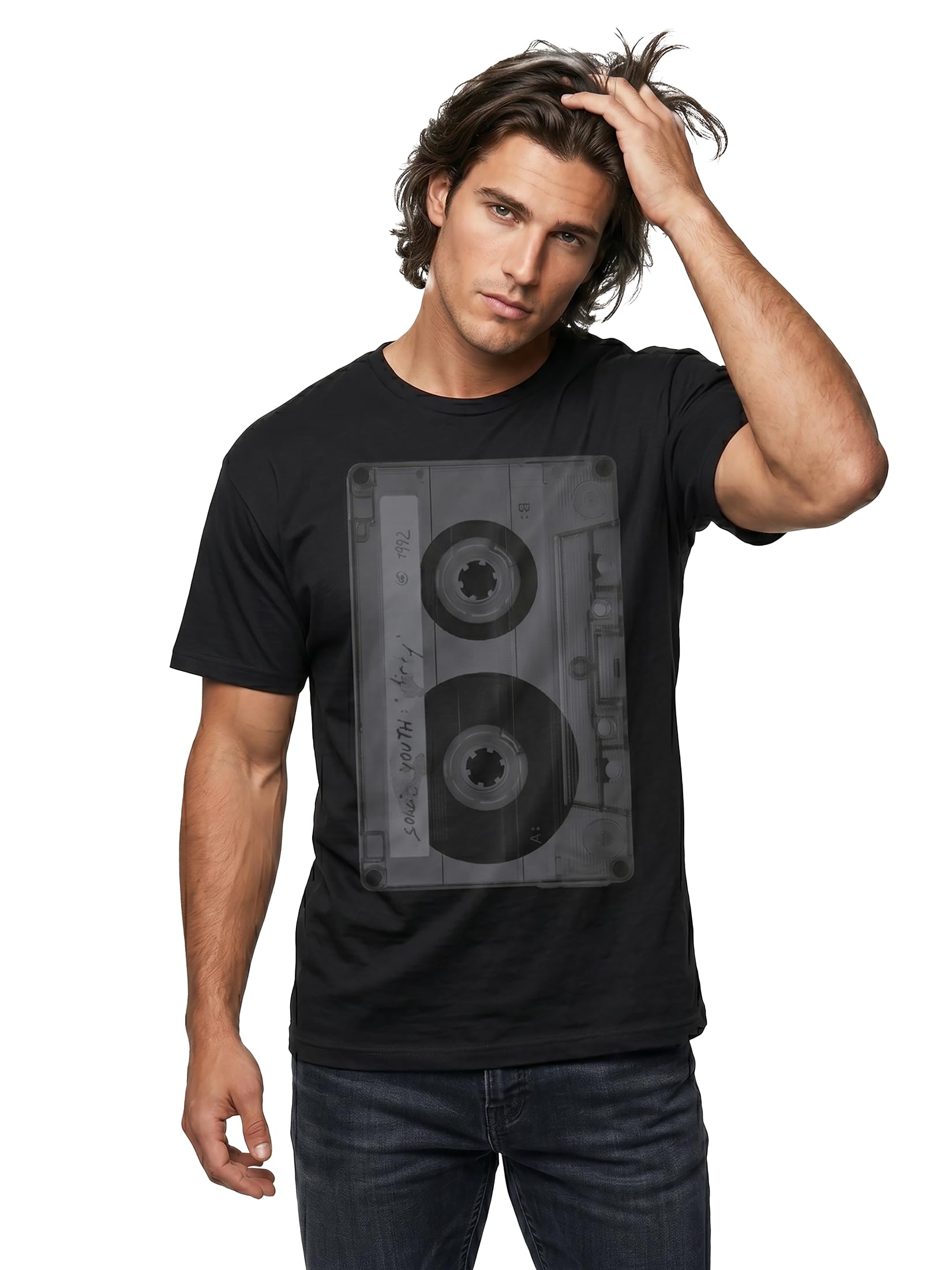 MAKAYA T-Shirt Uomo Cassetta maglietta nera cotone