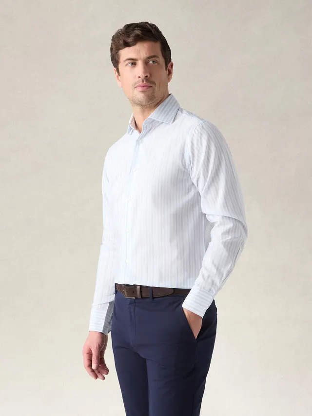 Robert Talbott Reynolds Camicia Uomo Cotone Lino Righe Blu