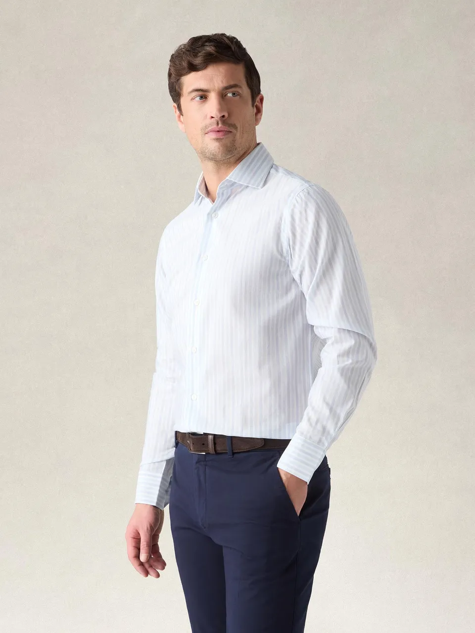 Robert Talbott Reynolds Camicia Uomo Cotone Lino Righe Blu