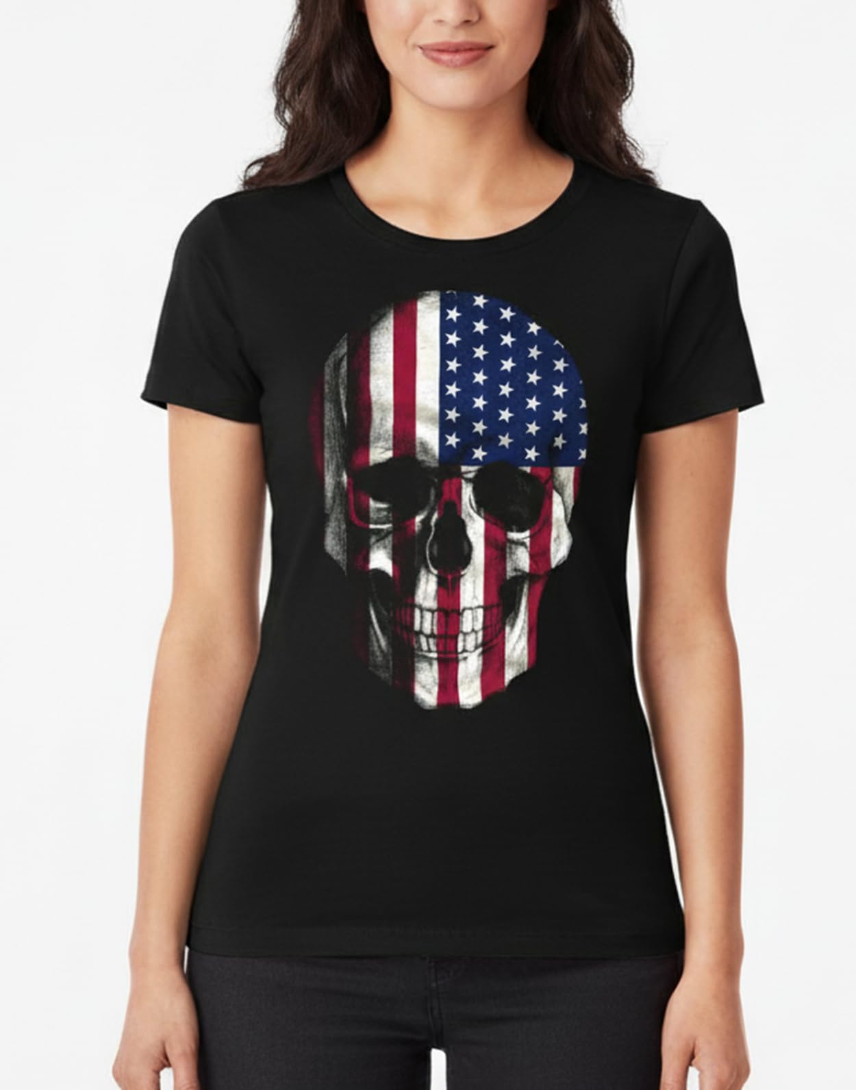 MAKAYA Skull T-Shirt Donna Bandiera USA S Cotone