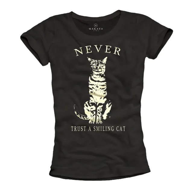 Makaya Never Trust A Smiling Cat T-Shirt Nera S Cotone