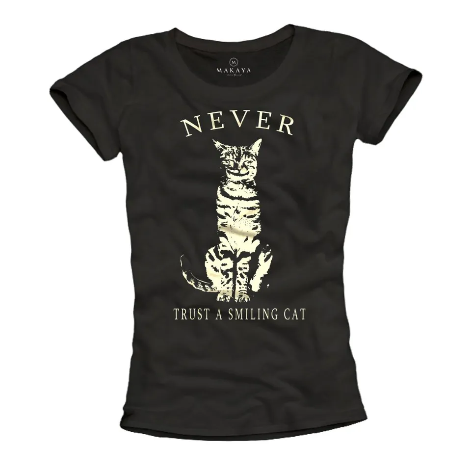 Makaya Never Trust A Smiling Cat T-Shirt Nera S Cotone