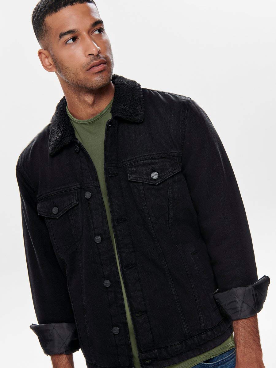 Only & Sons Giacca Jeans Uomo Nera Bottoni Tasche