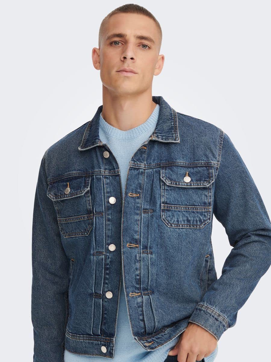 ONLY & SONS Giacca Uomo Denim Jeans Bottoni Blu