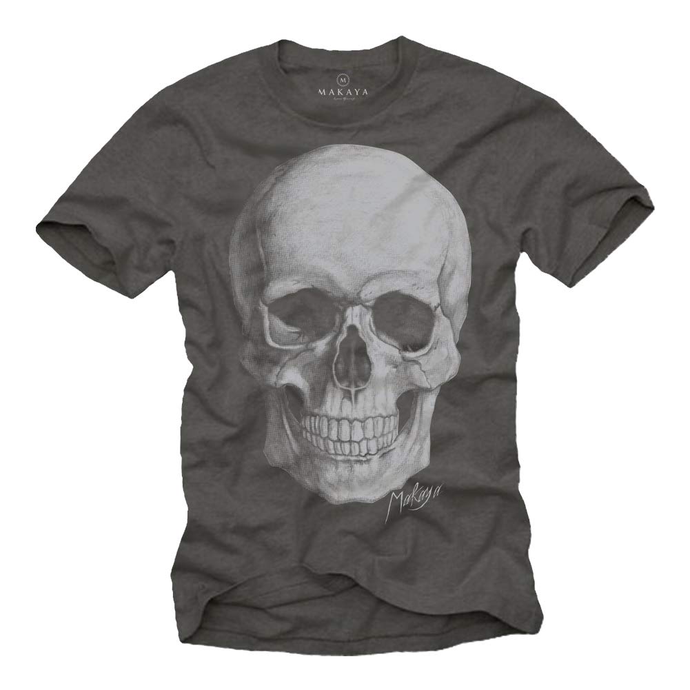 Makaya T-Shirt Uomo Death Skull Maglietta Teschio Cotone Nero