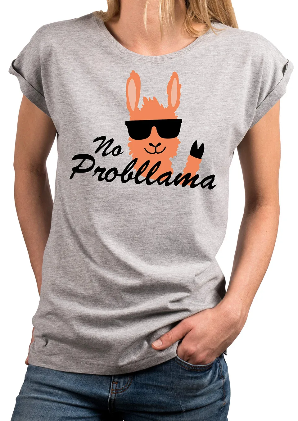 MAKAYA T-Shirt Donna No Probllama Maglietta Grigio Chiaro