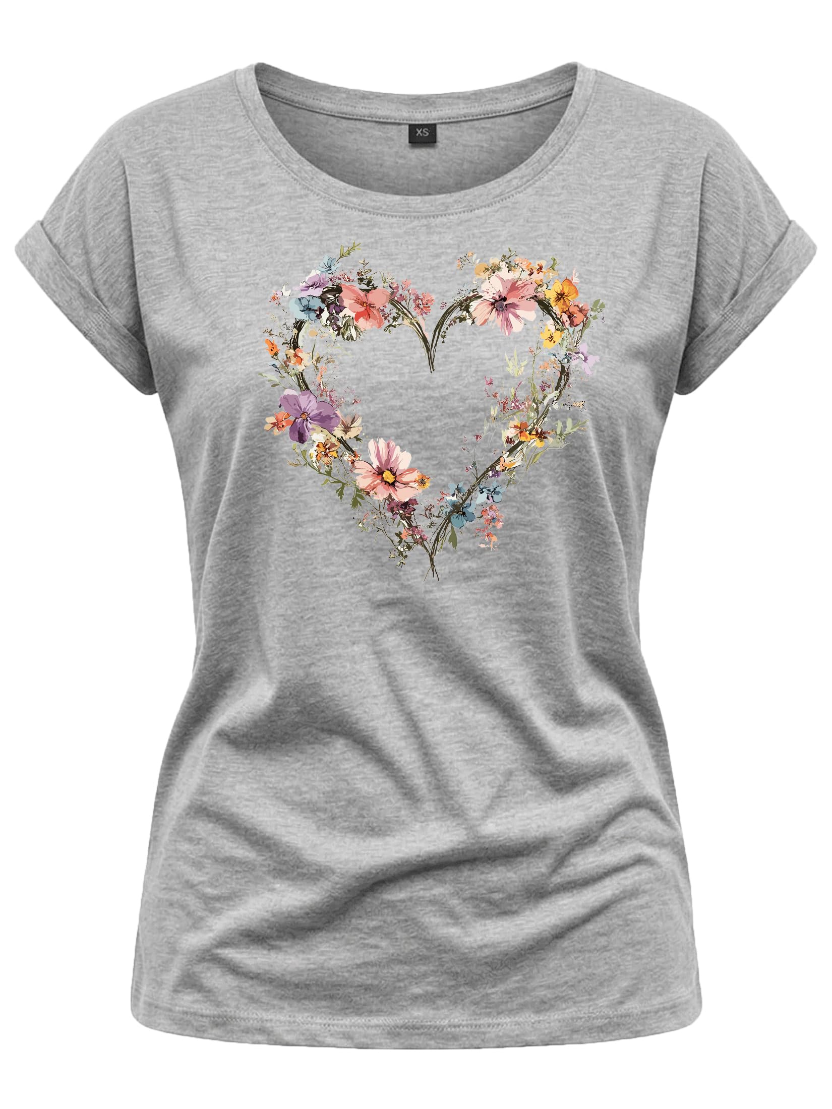 MAKAYA Cuore Floreale t-shirt donna cotone manica corta