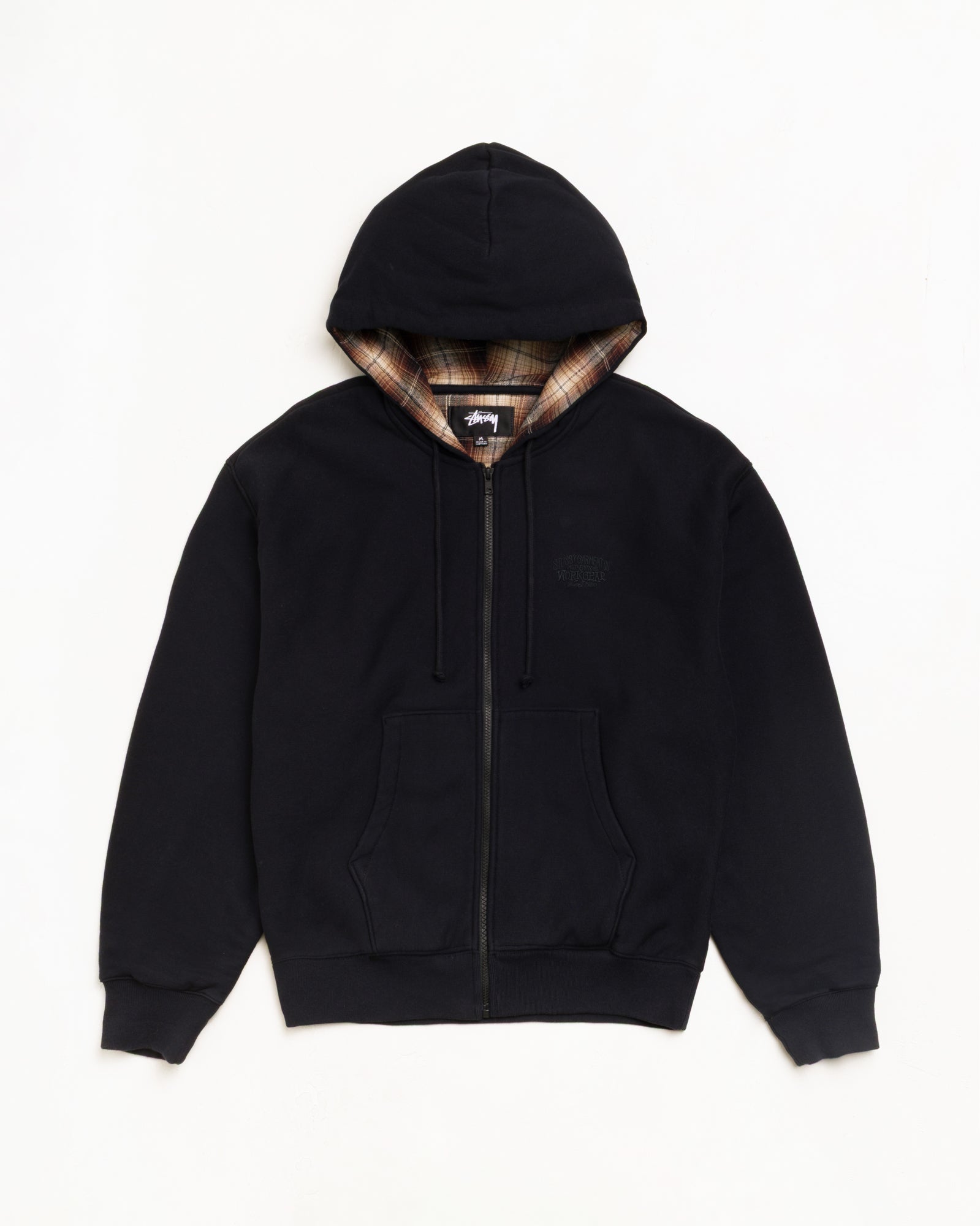 Stussy Zip Sweats felpa zip nera cappuccio fodera a quadri