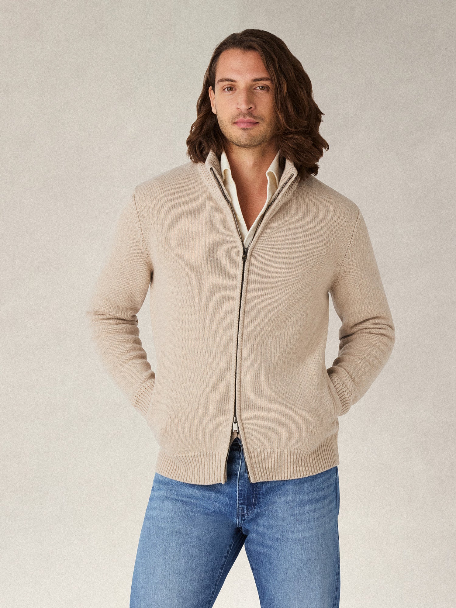 Robert Talbott Graham maglione full zip crema cashmere