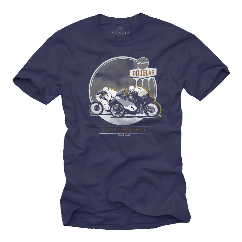 Makaya Cafe Racer T-Shirt Uomo Cotone Blu Taglia S
