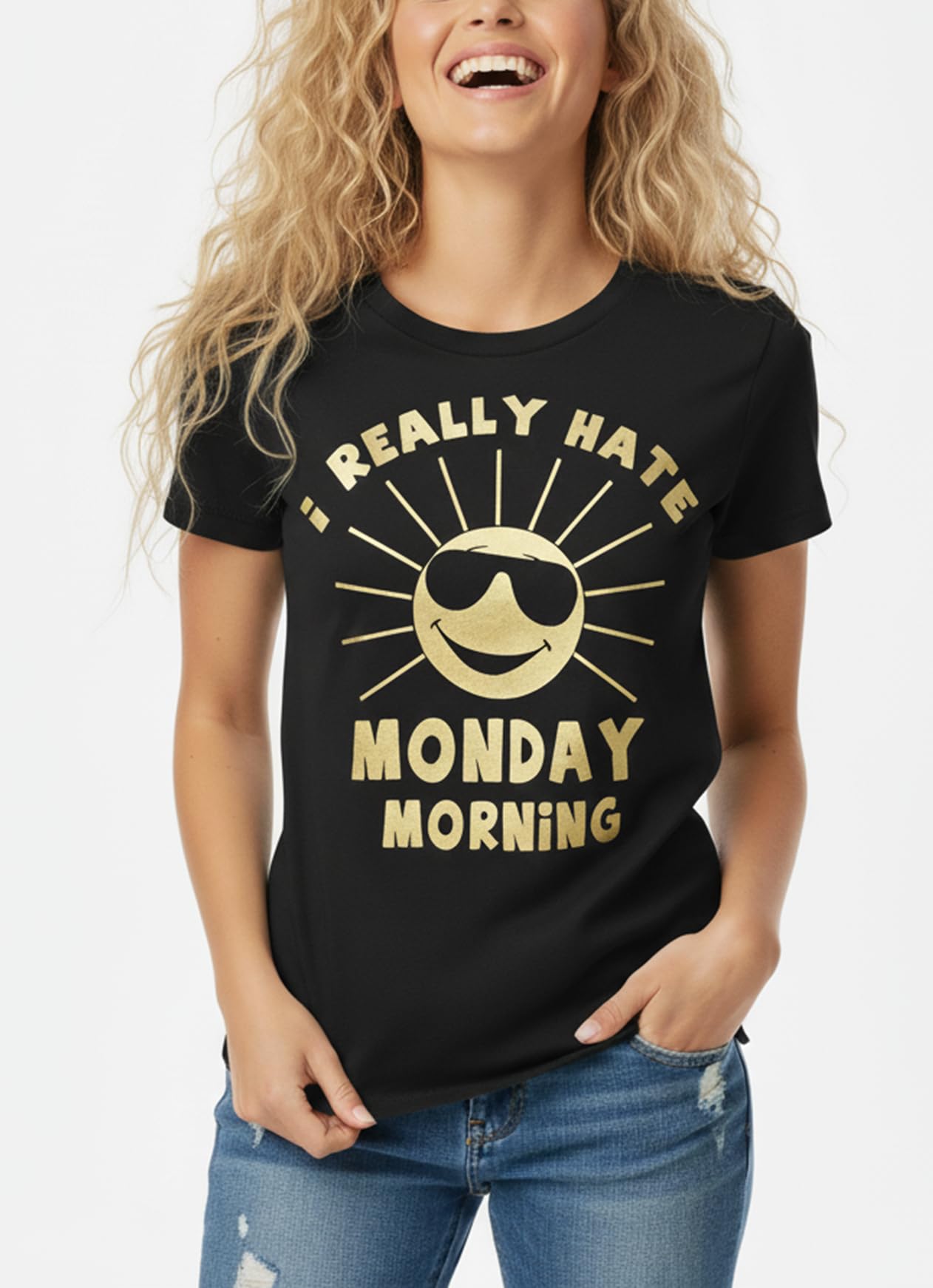 MAKAYA T-Shirt Donna I Really Hate Monday Morning maglietta nera M cotone