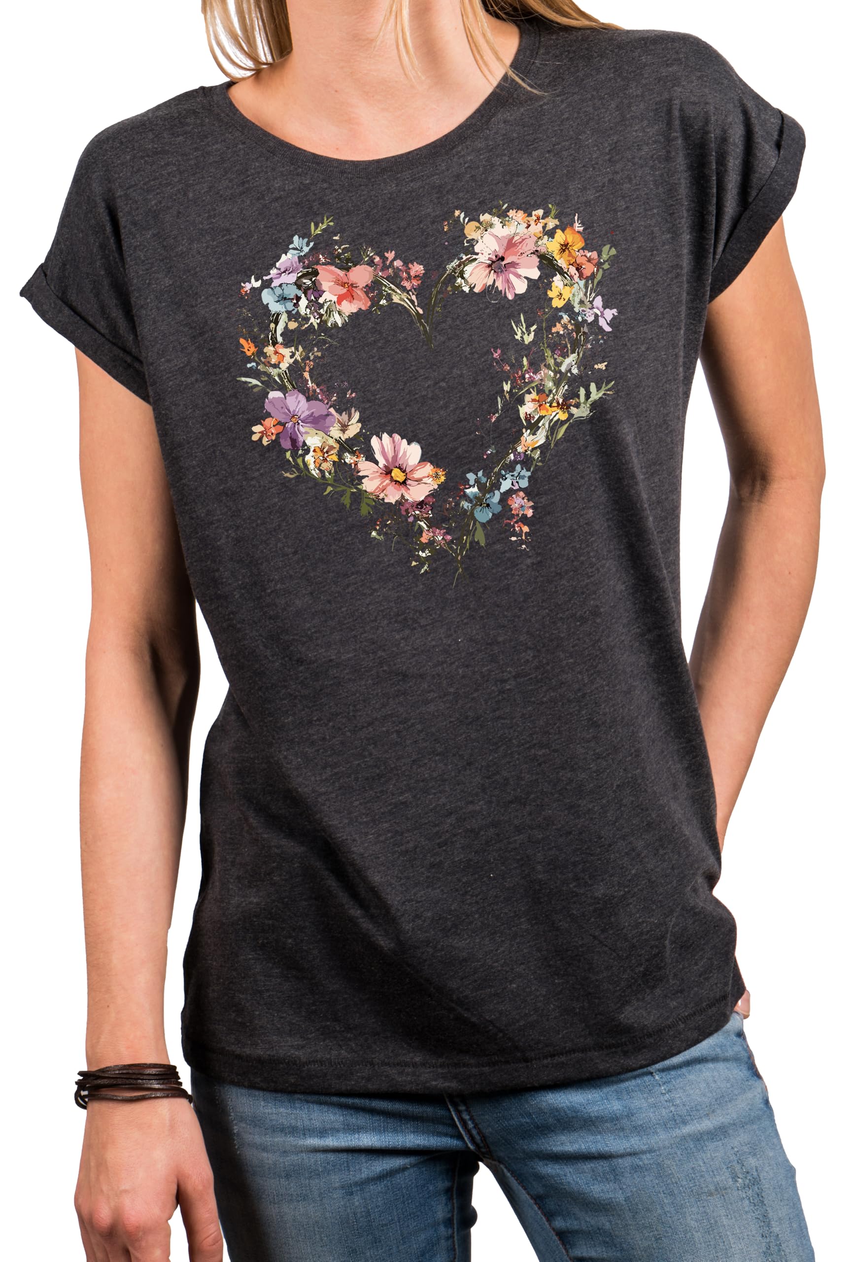 MAKAYA Cuore Floreale t-shirt donna cotone manica corta