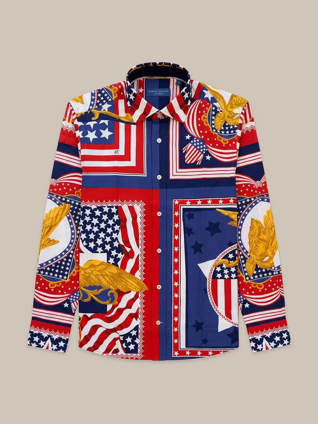 Robert Talbott Reynolds Printed USA Patchwork camicia casual blu multi