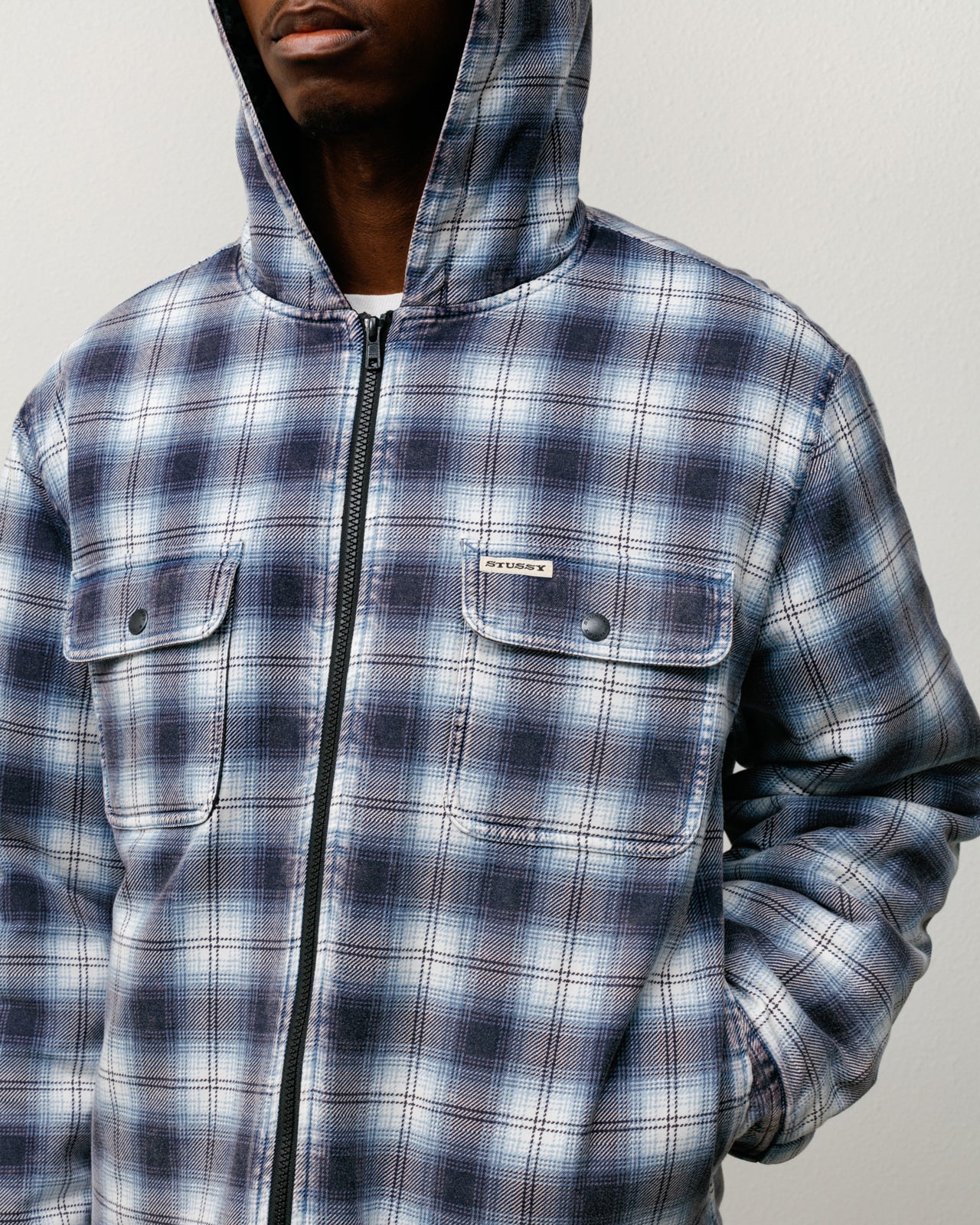 Stussy Zip Hooded Plaid Shirt giacca blu quadri trapuntata