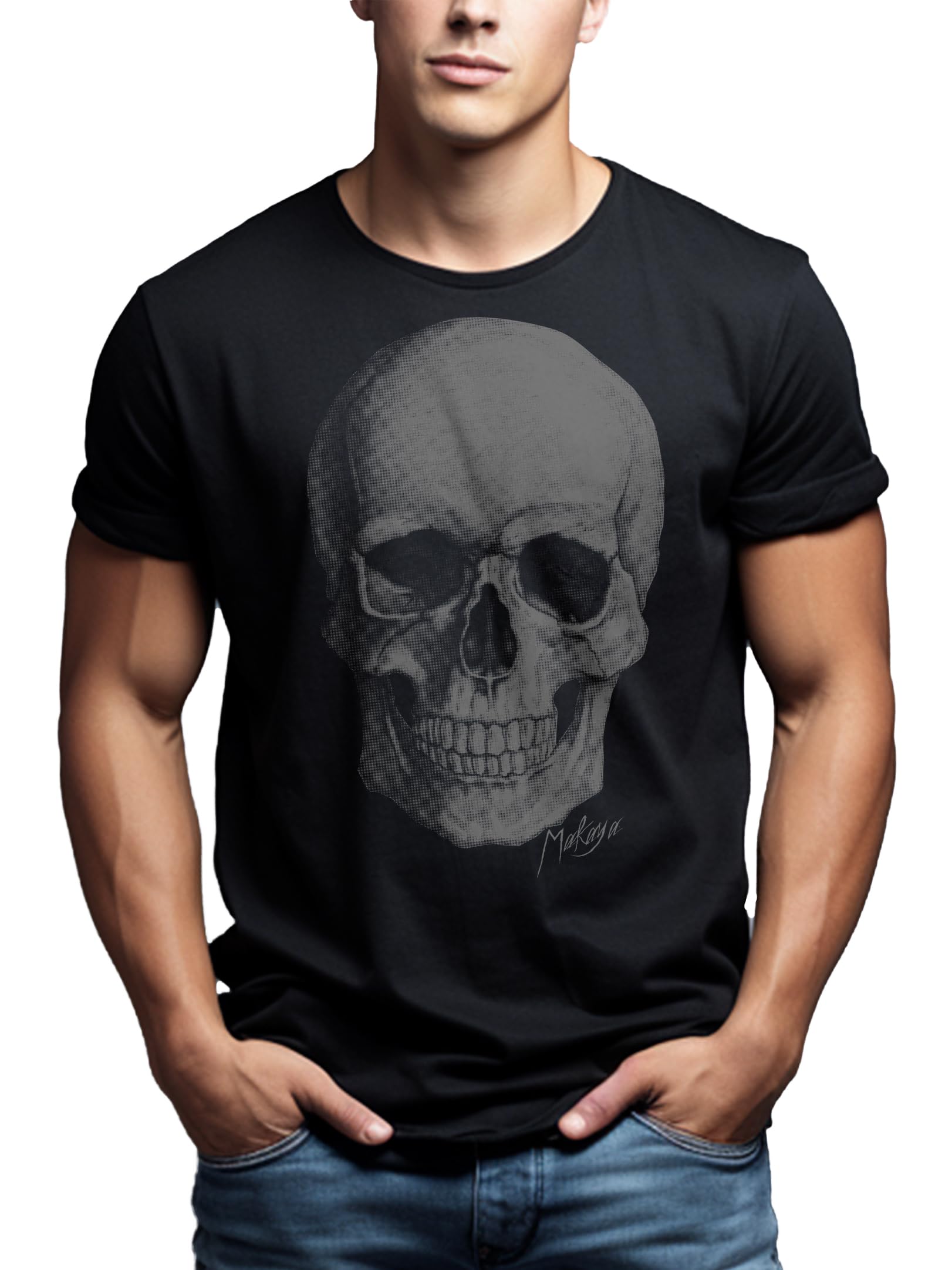 Makaya T-Shirt Uomo Death Skull Maglietta Teschio Cotone Nero