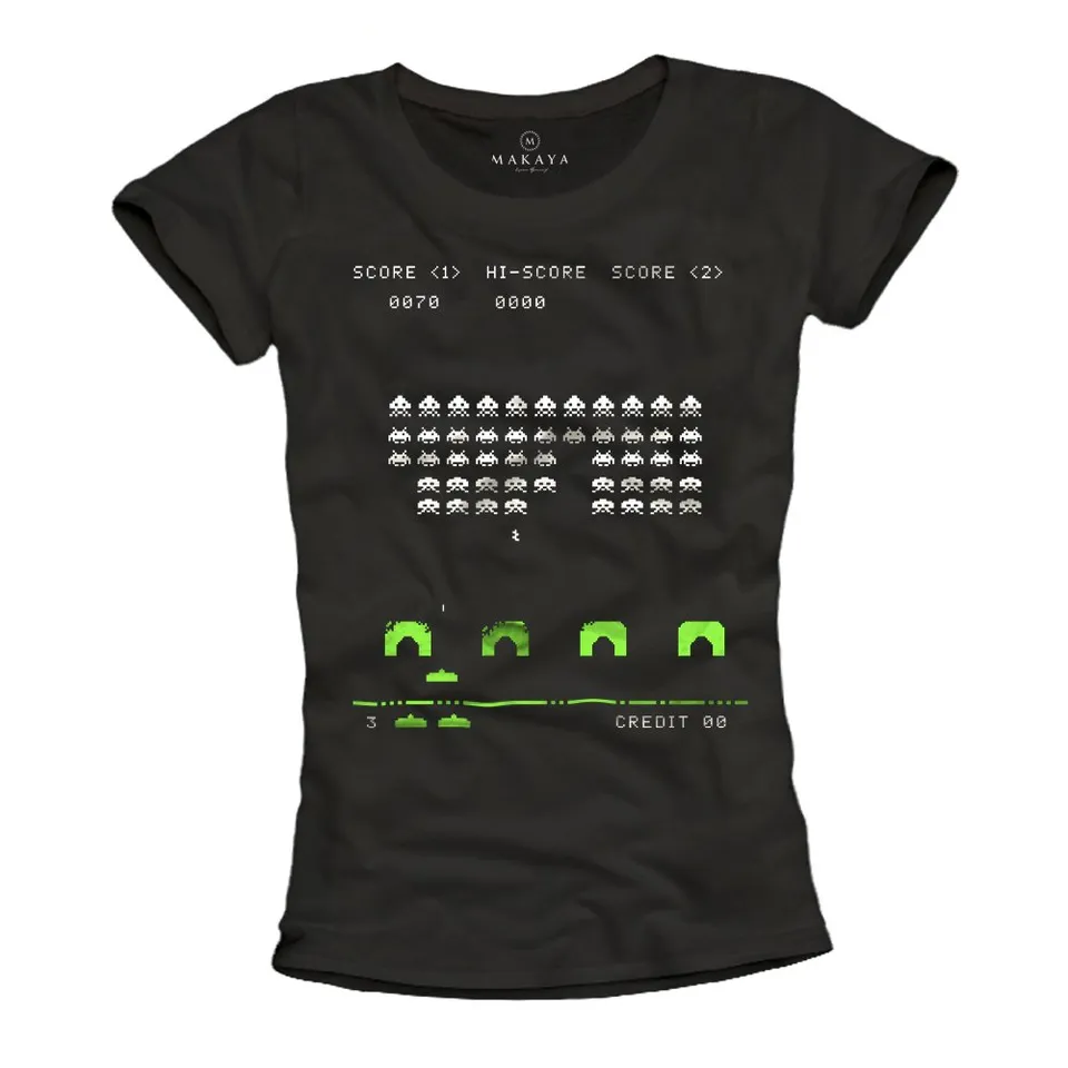 Makaya Space Invaders T-Shirt Donna Cotone Nera M