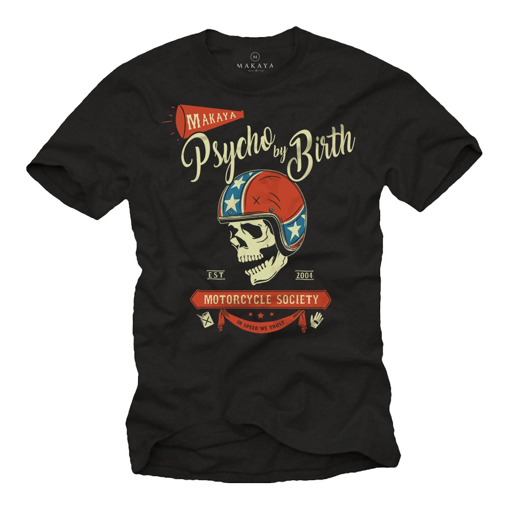 MAKAYA Psycho Motorcycle T-Shirt Uomo Nero 100% Cotone