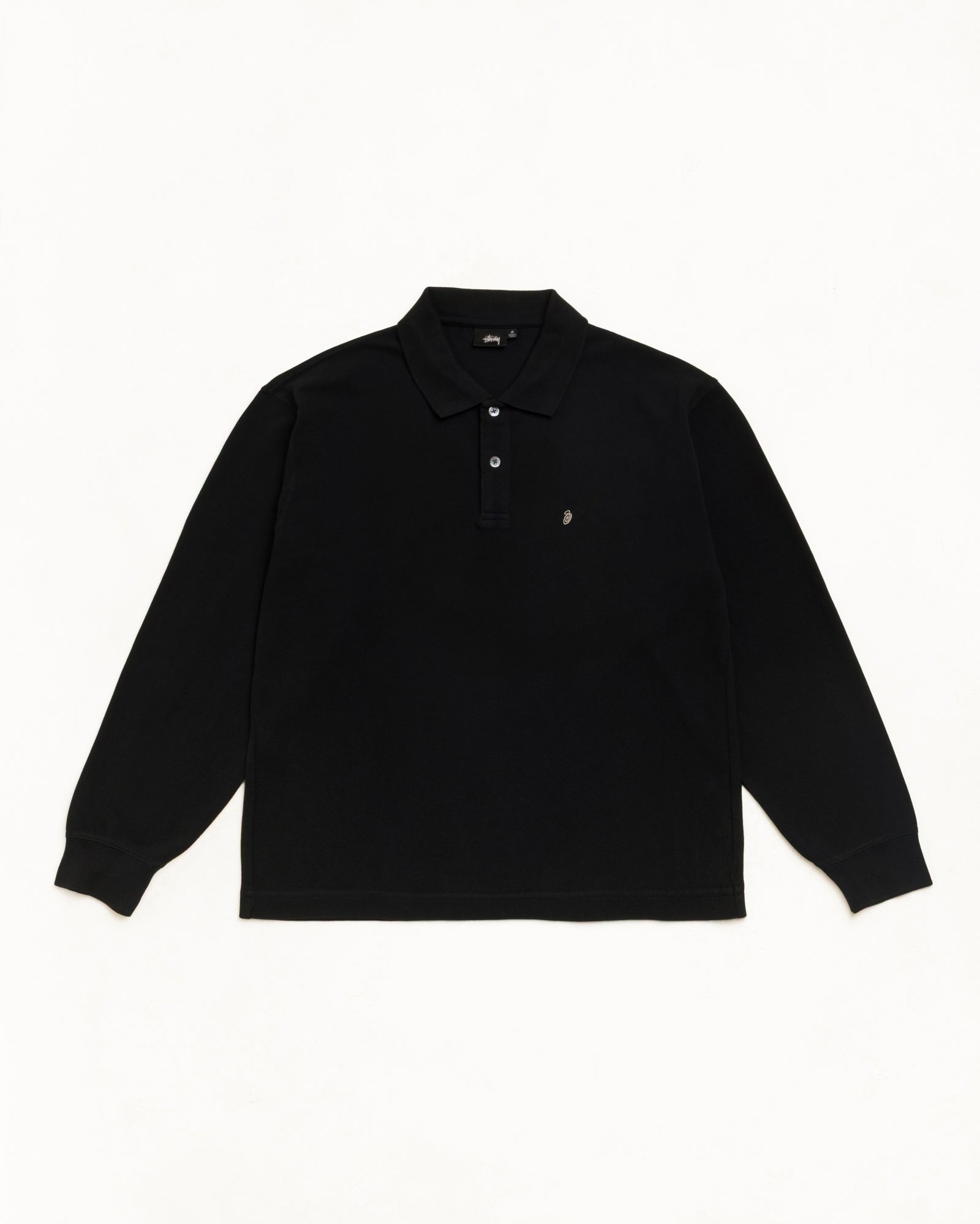 Stussy Classic Pique LS Polo Nera Maniche Lunghe Cotone