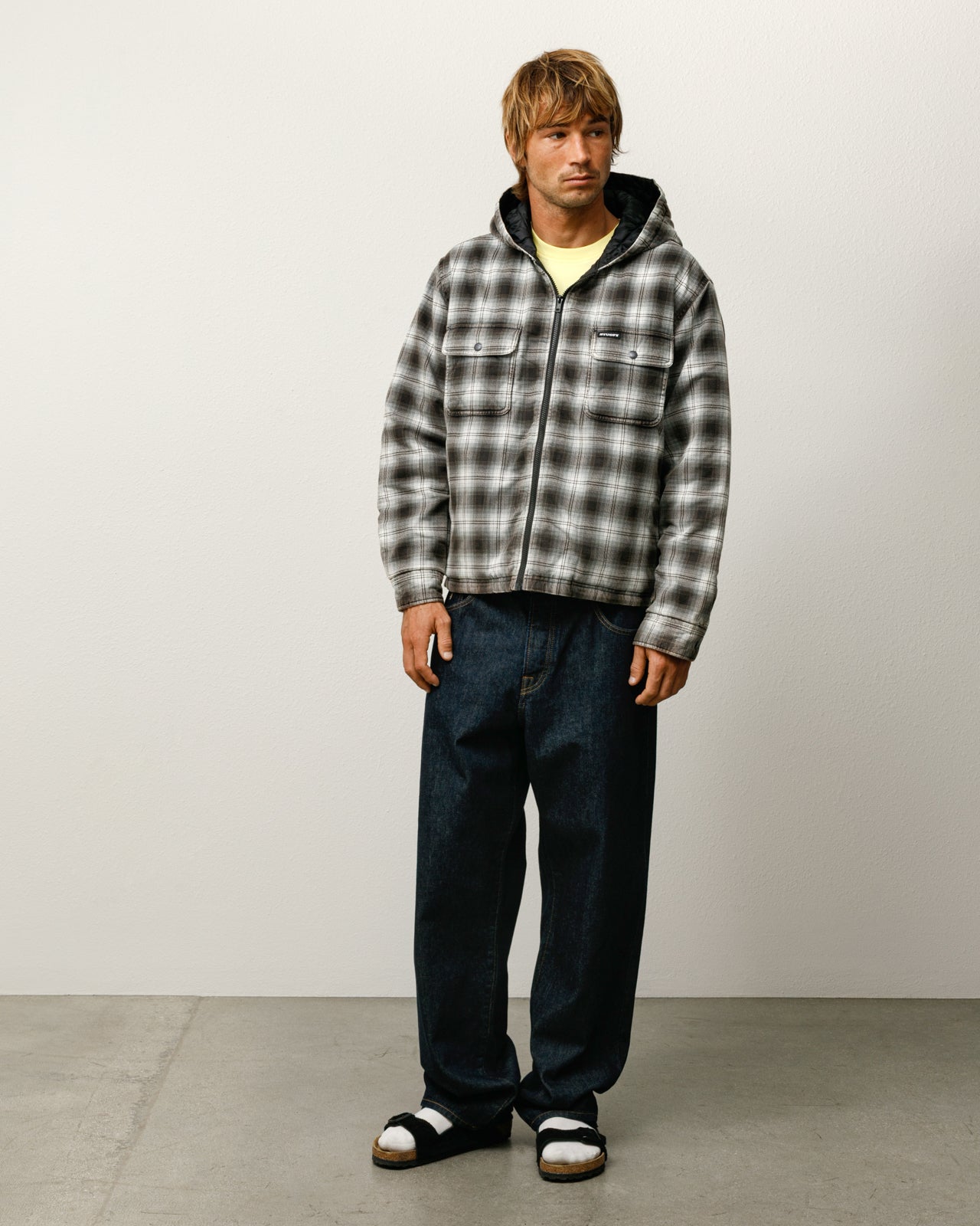 Stussy Zip Hooded Plaid Shirt Camicia Charcoal Cotone