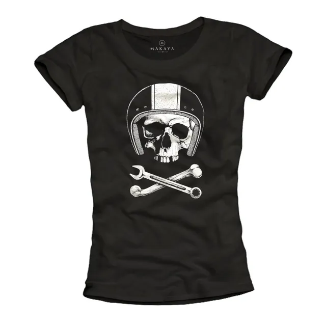 Makaya Teschio Casco Moto T-Shirt Donna Cotone Nera Taglia S