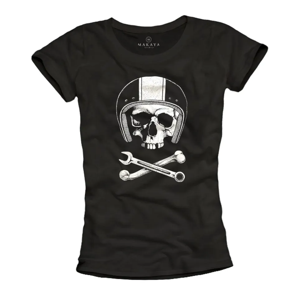Makaya Teschio Casco Moto T-Shirt Donna Cotone Nera Taglia S