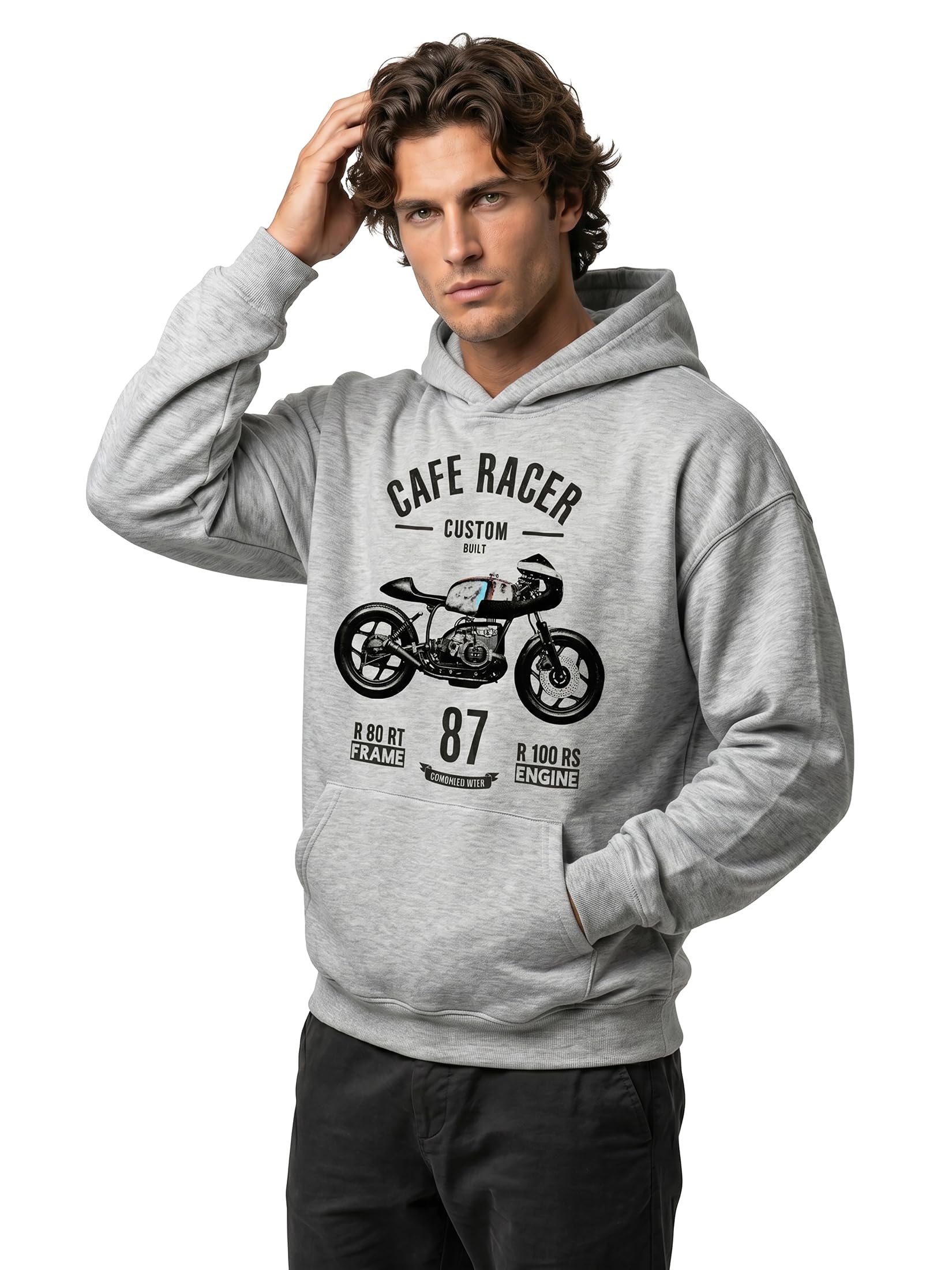 MAKAYA Cafer Racer Felpa con Cappuccio S cotone pettinato