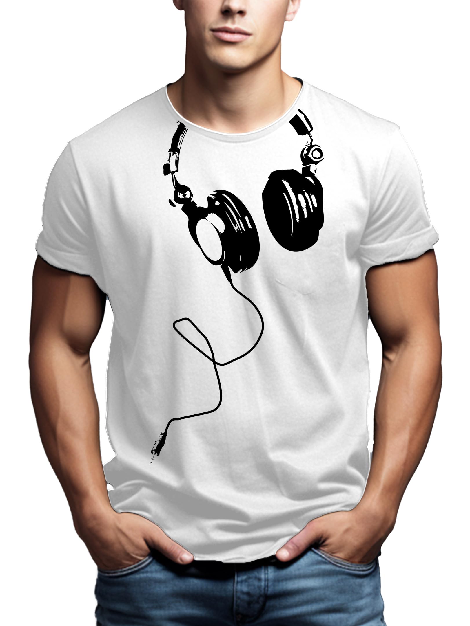 Makaya T-Shirt Uomo maglietta DJ cuffie bianca taglia L