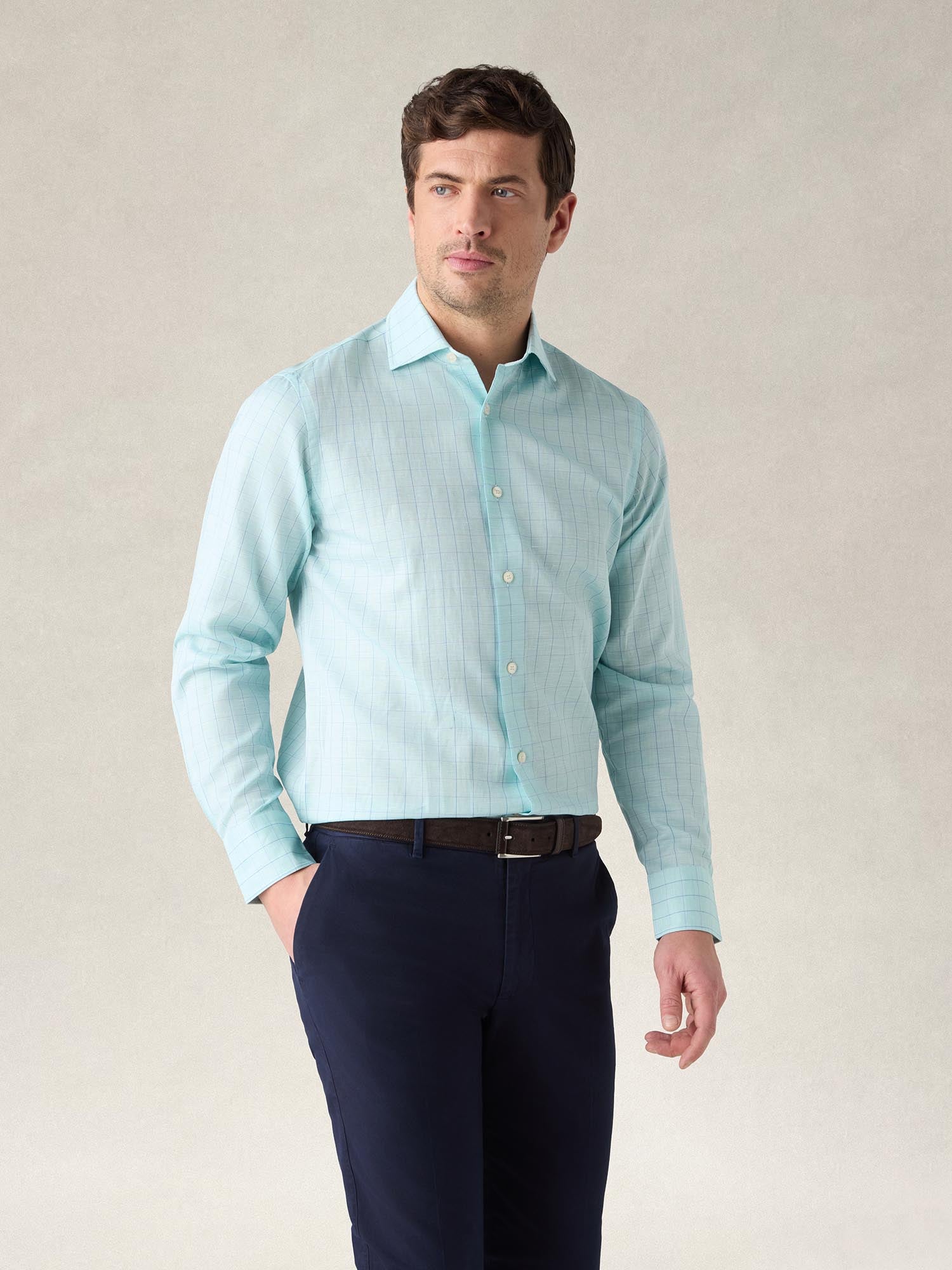 Robert Talbott Reynolds camicia cotone lino verde quadri