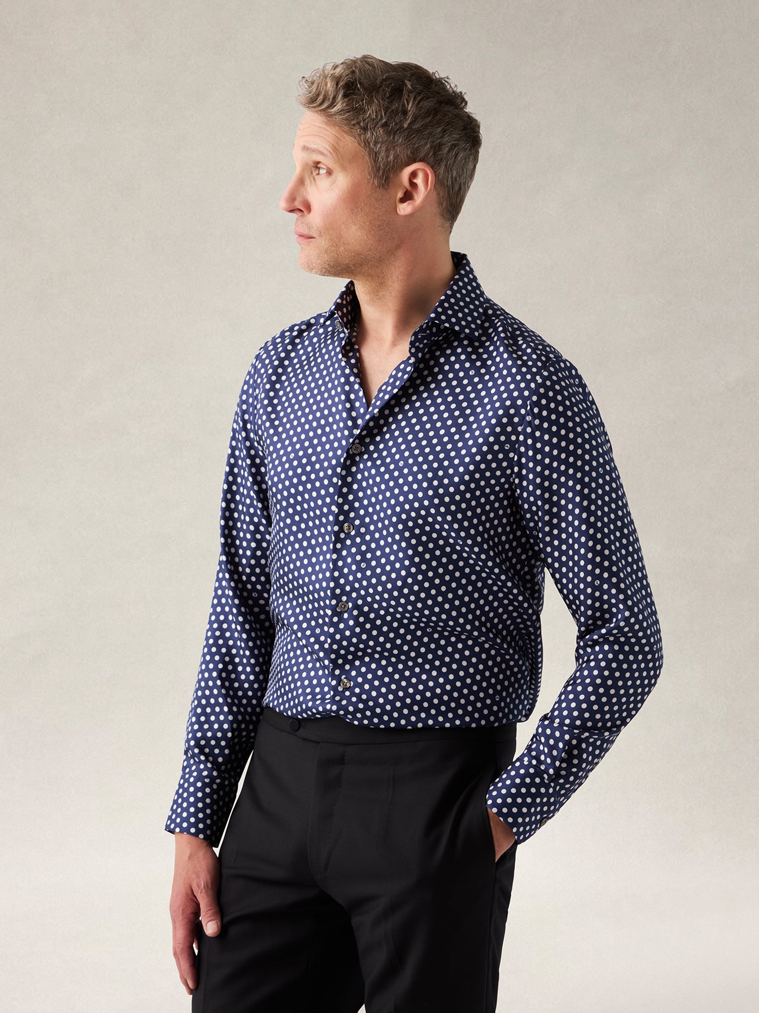 Robert Talbott Reynolds camicia seta blu navy
