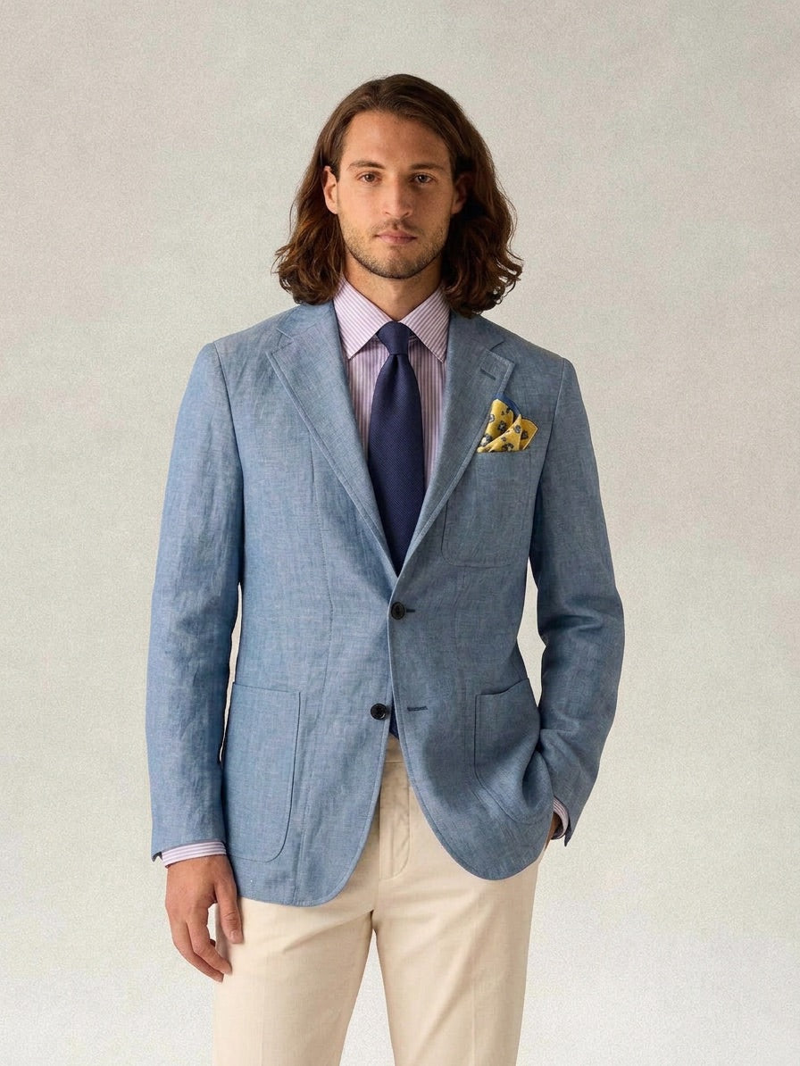 Robert Talbott Clarke Linen Chambray Blazer uomo Light Blue sfoderato