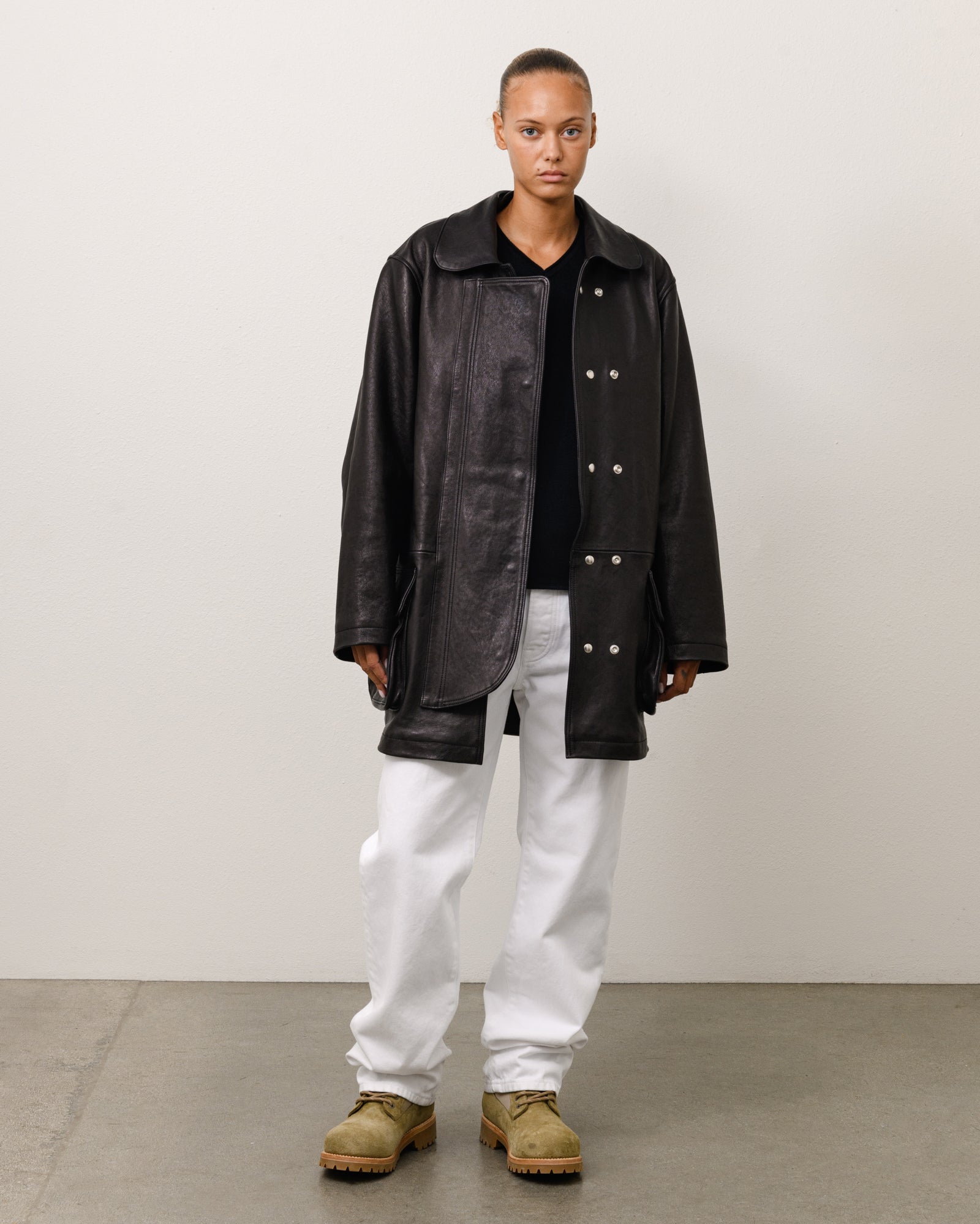 Stussy Outerwear Leather Fireman Jacket giacca pelle nera 100% pelle