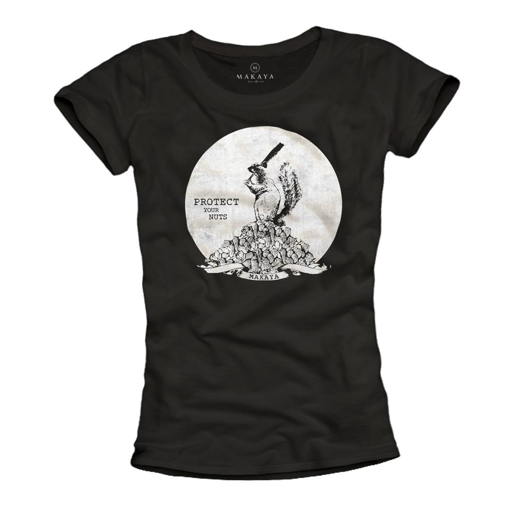 MAKAYA Protect Your Nuts T-Shirt Donna Cotone Stampa Divertente L