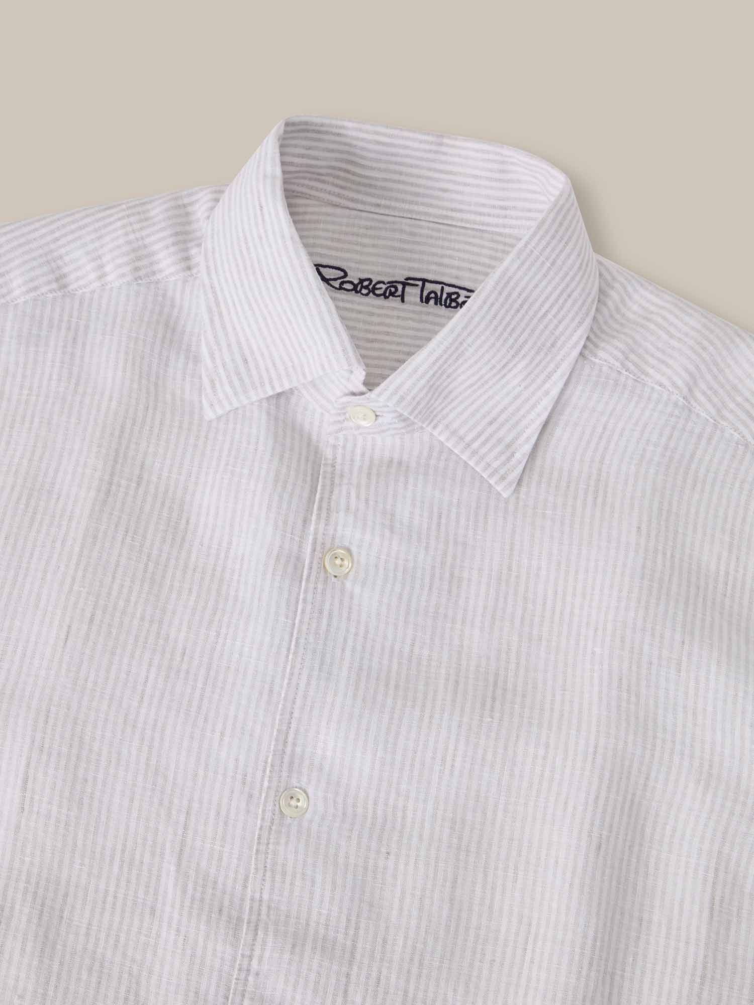 Robert Talbott Morgan Medium Stripe camicia lino grigia riga media