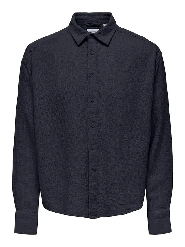 Only & Sons Onslatham Camicia Lino Uomo Manica Lunga Navy