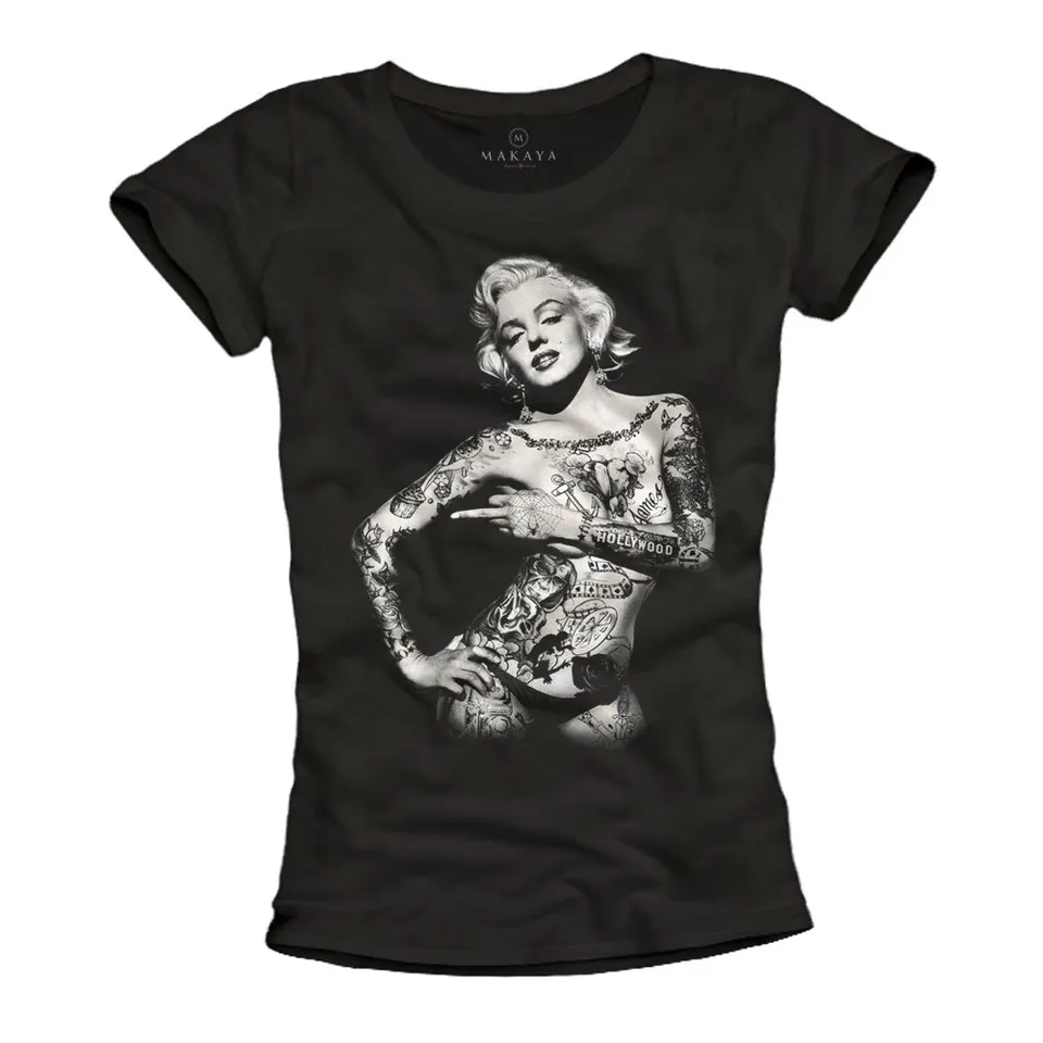 MAKAYA Rock Tattoo Maglietta Donna Cotone Nera Taglia M