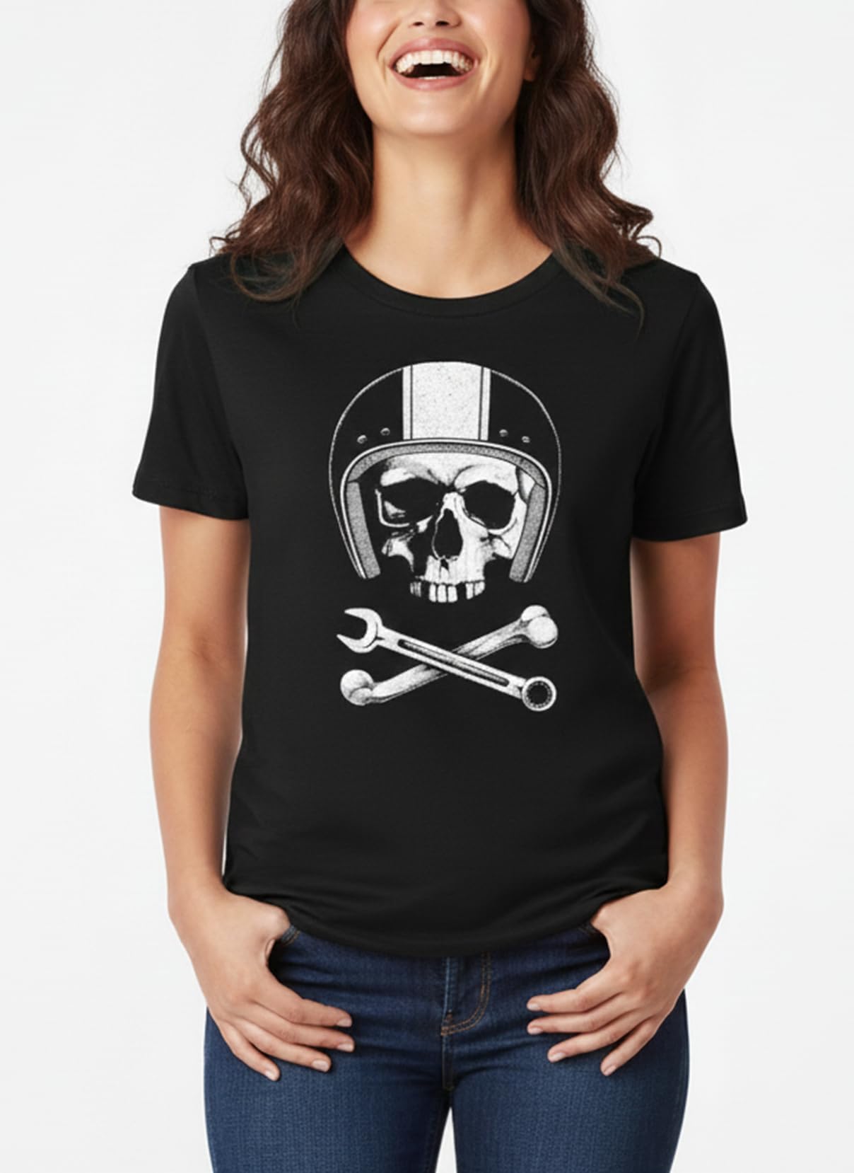 Makaya Teschio Casco Moto T-Shirt Donna Cotone Nera Taglia S