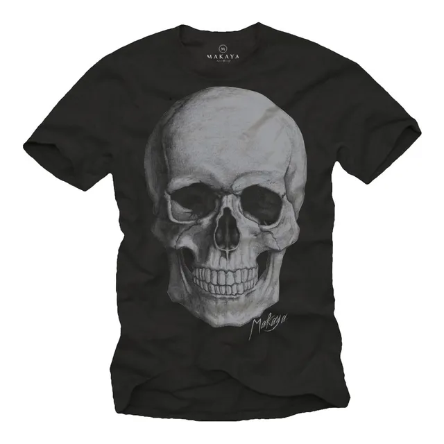 Makaya T-Shirt Uomo Death Skull Maglietta Teschio Cotone Nero