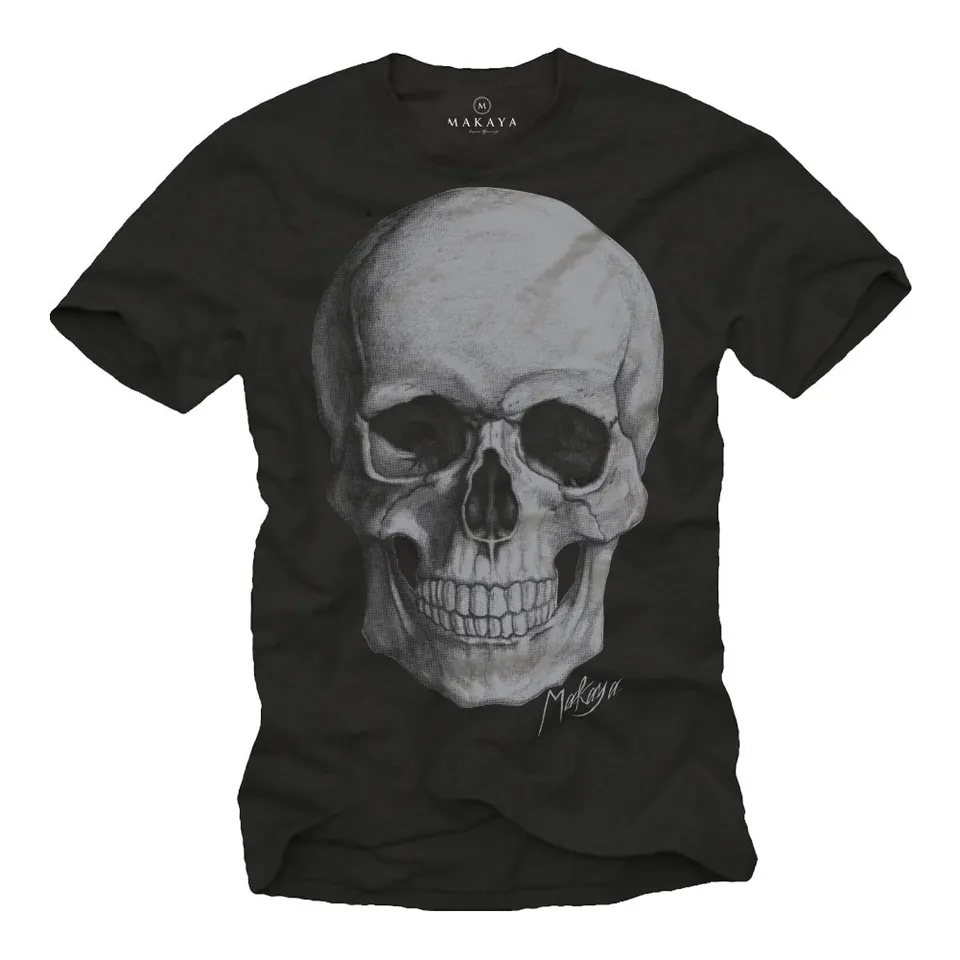 Makaya T-Shirt Uomo Death Skull Maglietta Teschio Cotone Nero