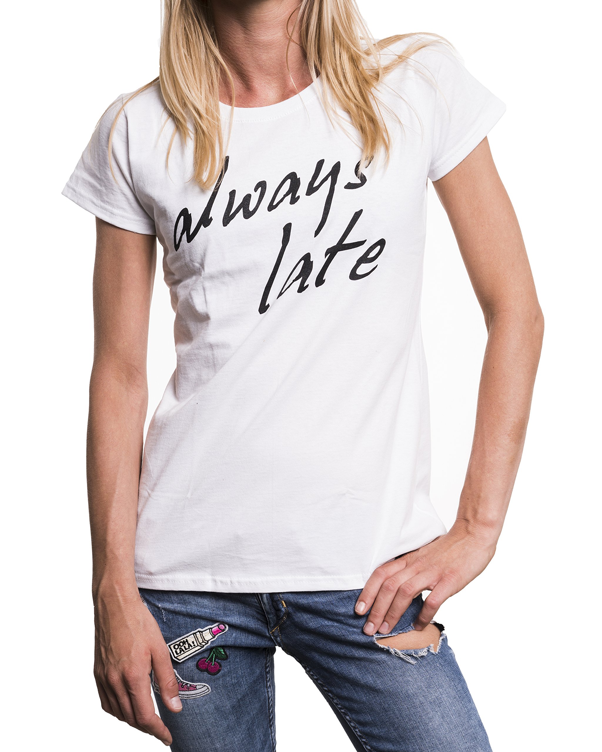 MAKAYA Always Late T-Shirt Donna Cotone Scritta Divertente M