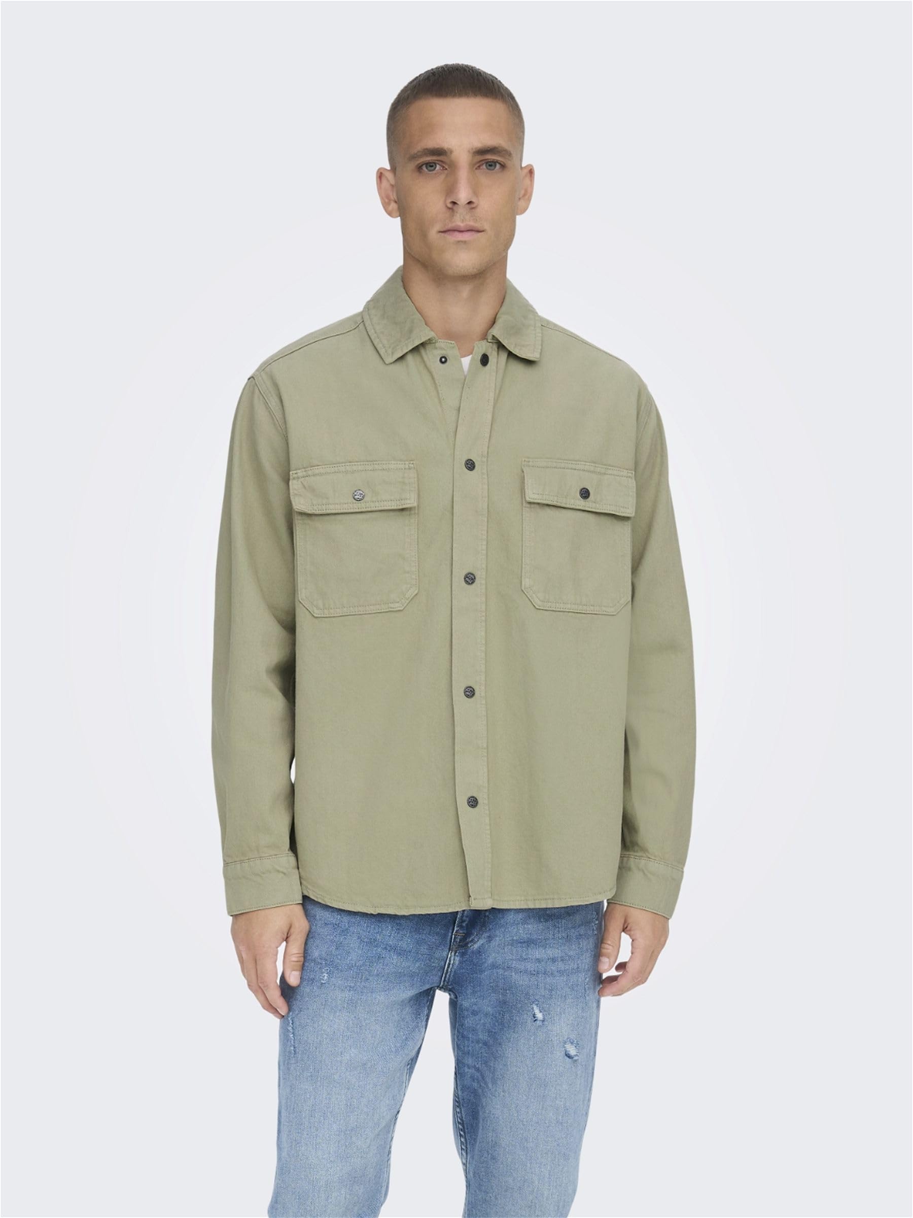 Only & Sons Camicia Uomo Twill Tinta Unita Tasche Taglia L