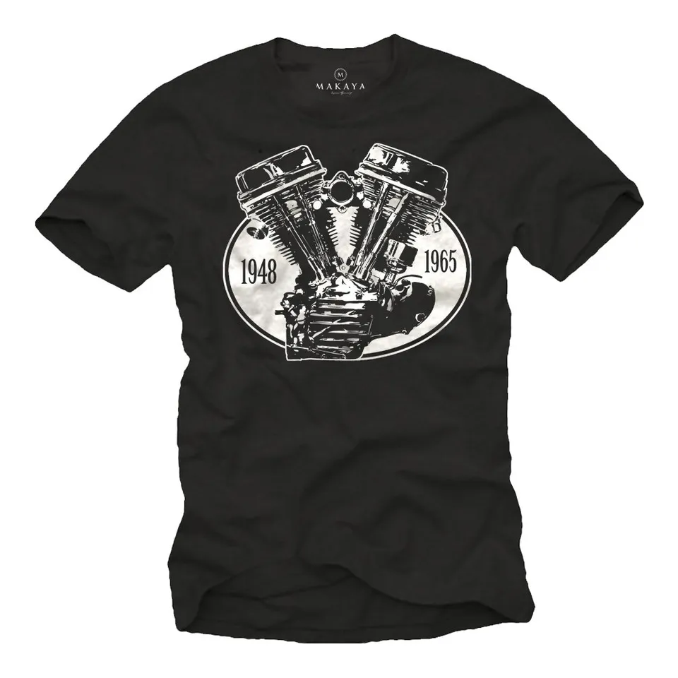 MAKAYA Panhead T-Shirt Uomo Cotone Nero Moto Biker