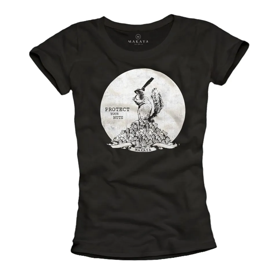 MAKAYA Protect Your Nuts T-Shirt Donna Cotone Stampa Divertente L