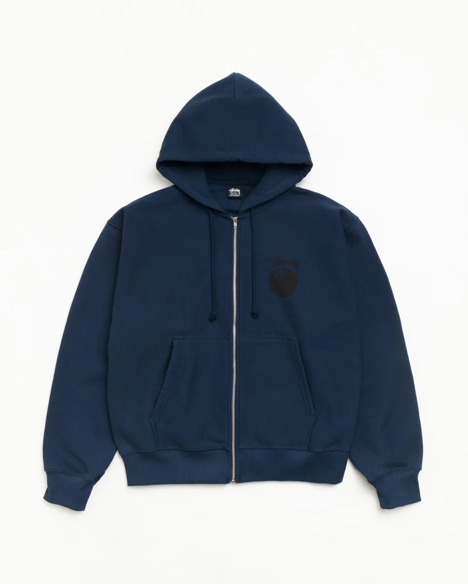 Stussy Zip Sweats Felpa Zip Navy 8 Ball con Cappuccio