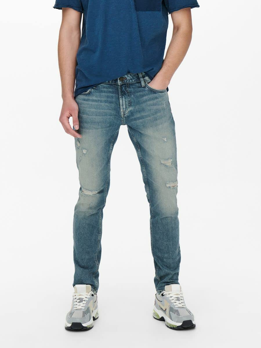 ONLY & SONS Jeans Slim Fit Uomo Strappati Blu Taglia 28